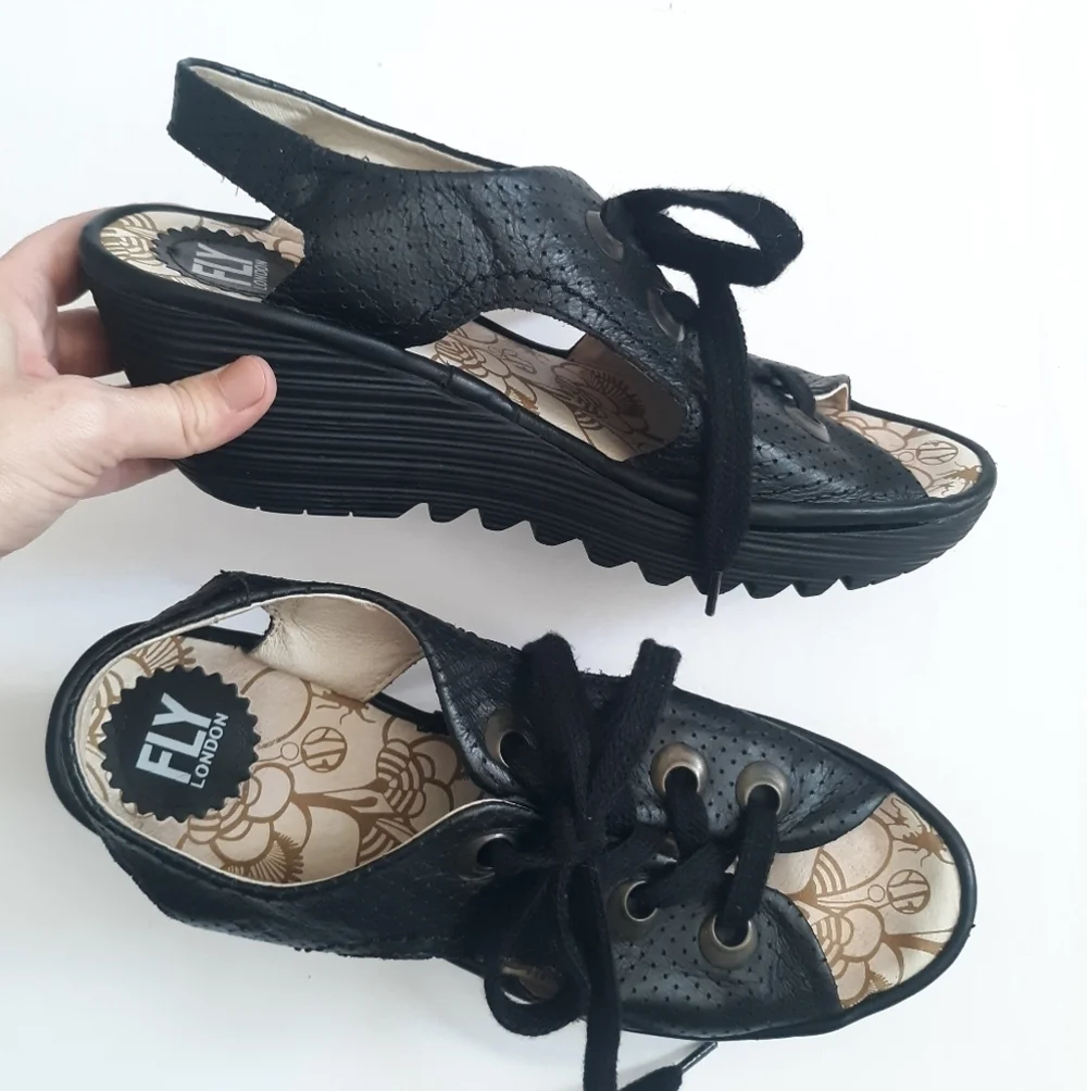 Fly London Ylfa Perforated Black Leather Wedge